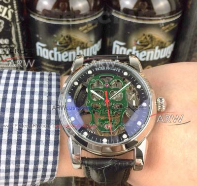 Perfect Replica Patek Philippe Green Skull Black Leather Watch